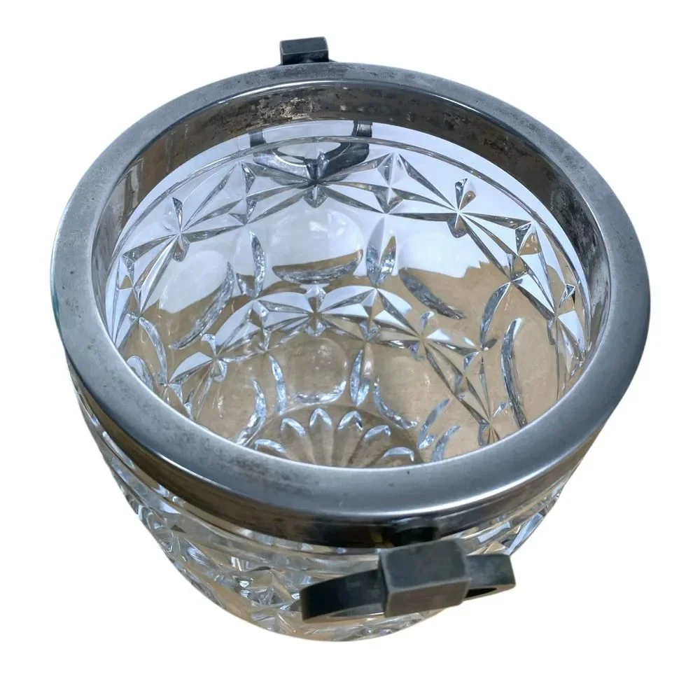 Vintage French Cut‎ Glass Ice Bucket Silver Plate Ring Handles Barware Heavy- SS